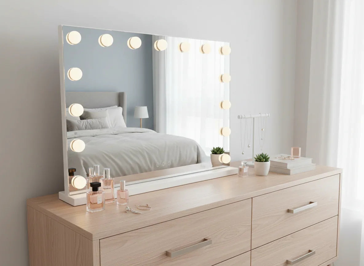 LED Beauty Mirror with 15 Bulbs, Colour Settings, USB A and USB C, White, 58 × 48cm