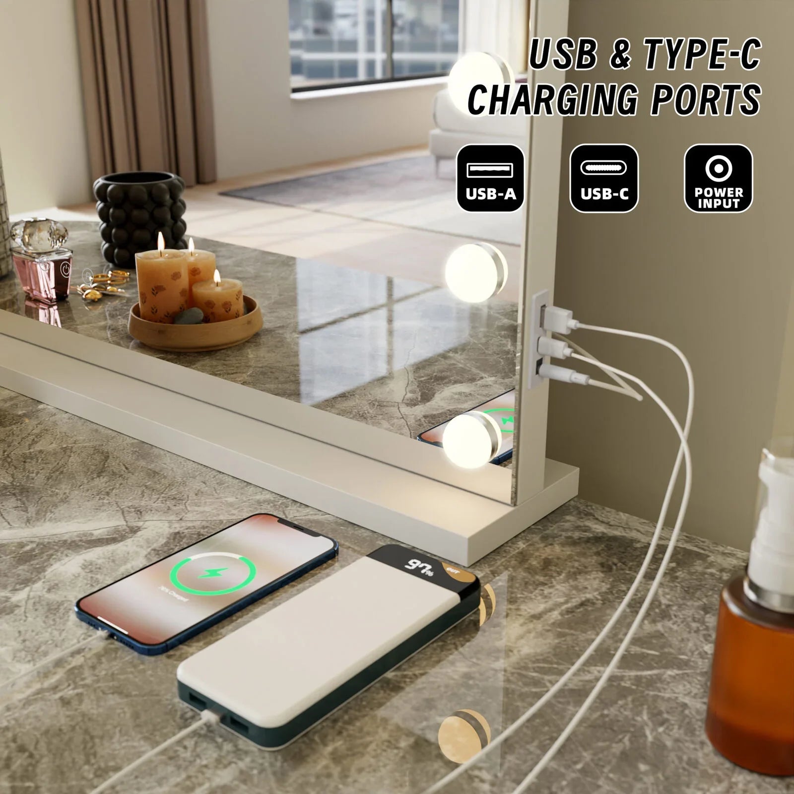LED Beauty Mirror with 15 Bulbs, Colour Settings, USB A and USB C, White, 58 × 48cm