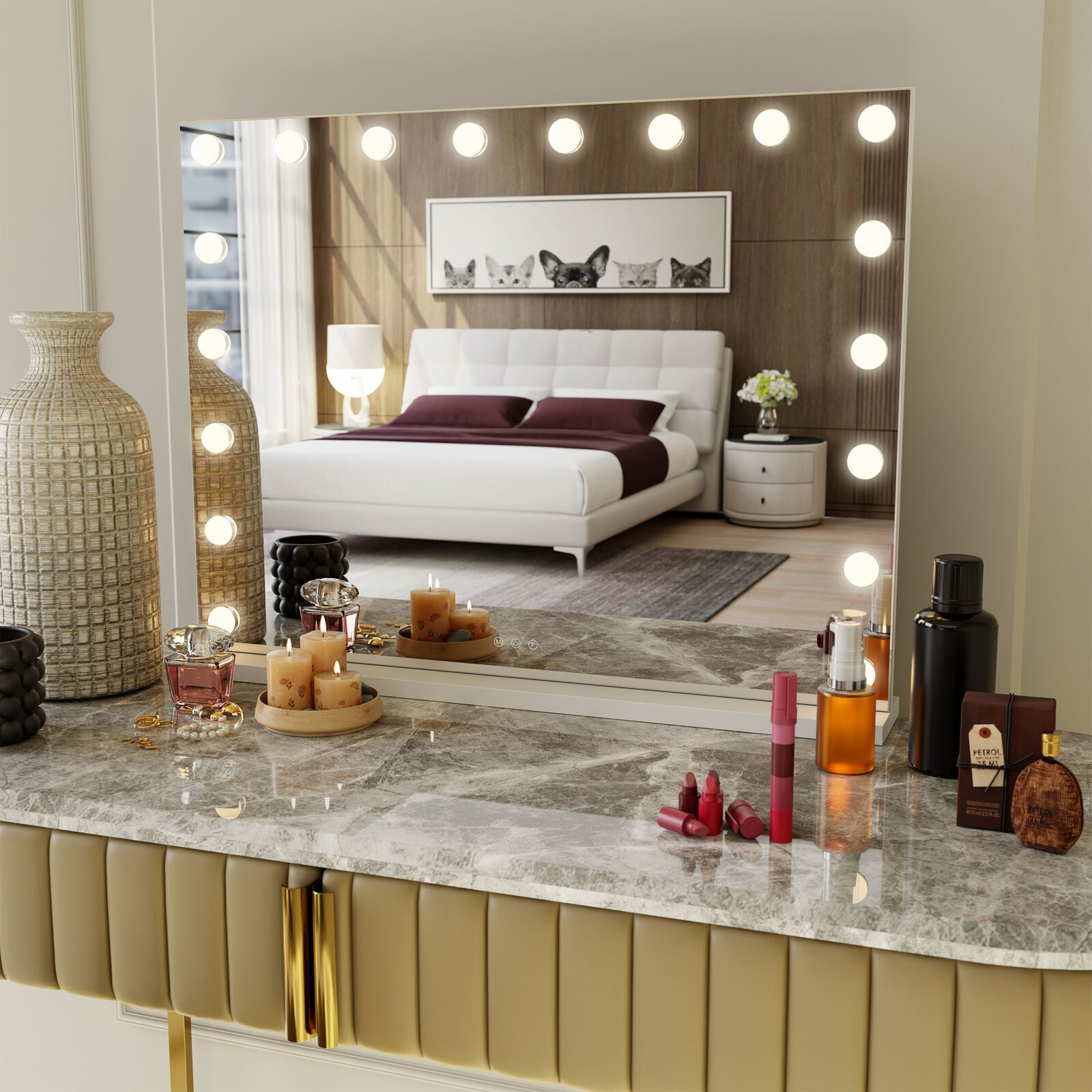 Beauty Mirror with 18 LED Bulbs, Colour Settings, White Frame,  and USB A and C Ports
