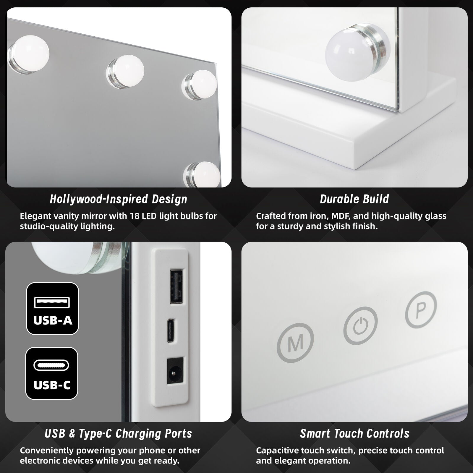 Beauty Mirror with 18 LED Bulbs, Colour Settings, White Frame,  and USB A and C Ports