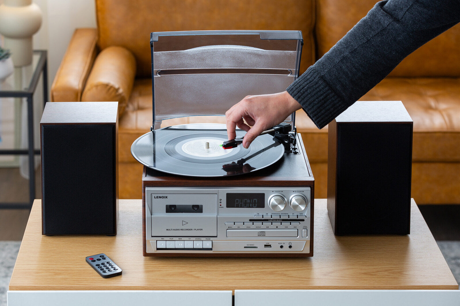 Audio Home Entertainment System Brown Turntable, CDs, Vinyl, Wireless Streaming & More