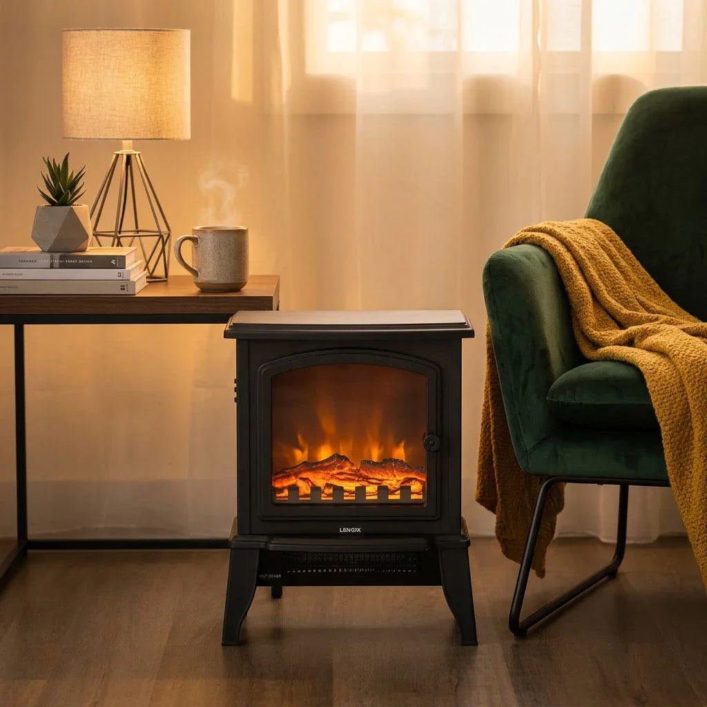Electric Fireplace Heater – 1000/2000W, Log Flame Display, Freestanding, Black