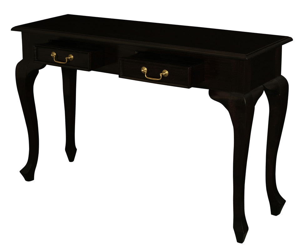 Queen Ann 2-Drawer Sofa Table in Chocolate, Curved Cabriole Legs, 19kg