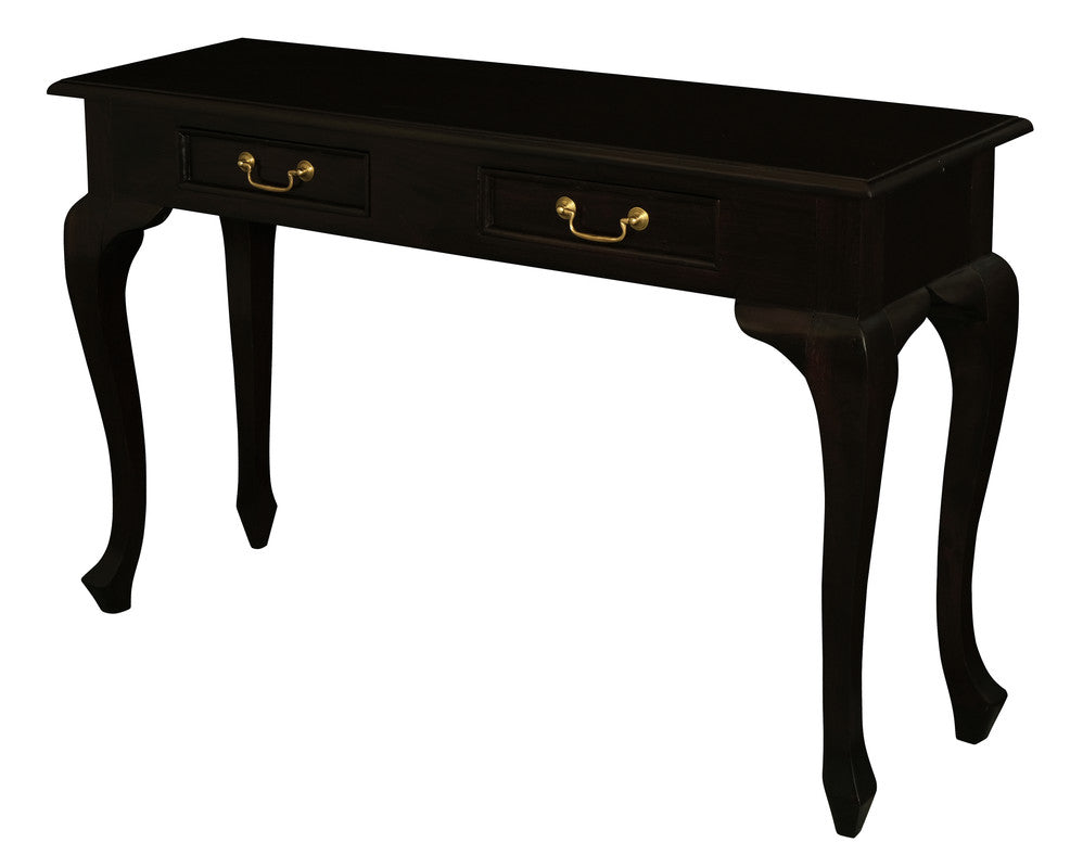 Queen Ann 2-Drawer Sofa Table in Chocolate, Curved Cabriole Legs, 19kg