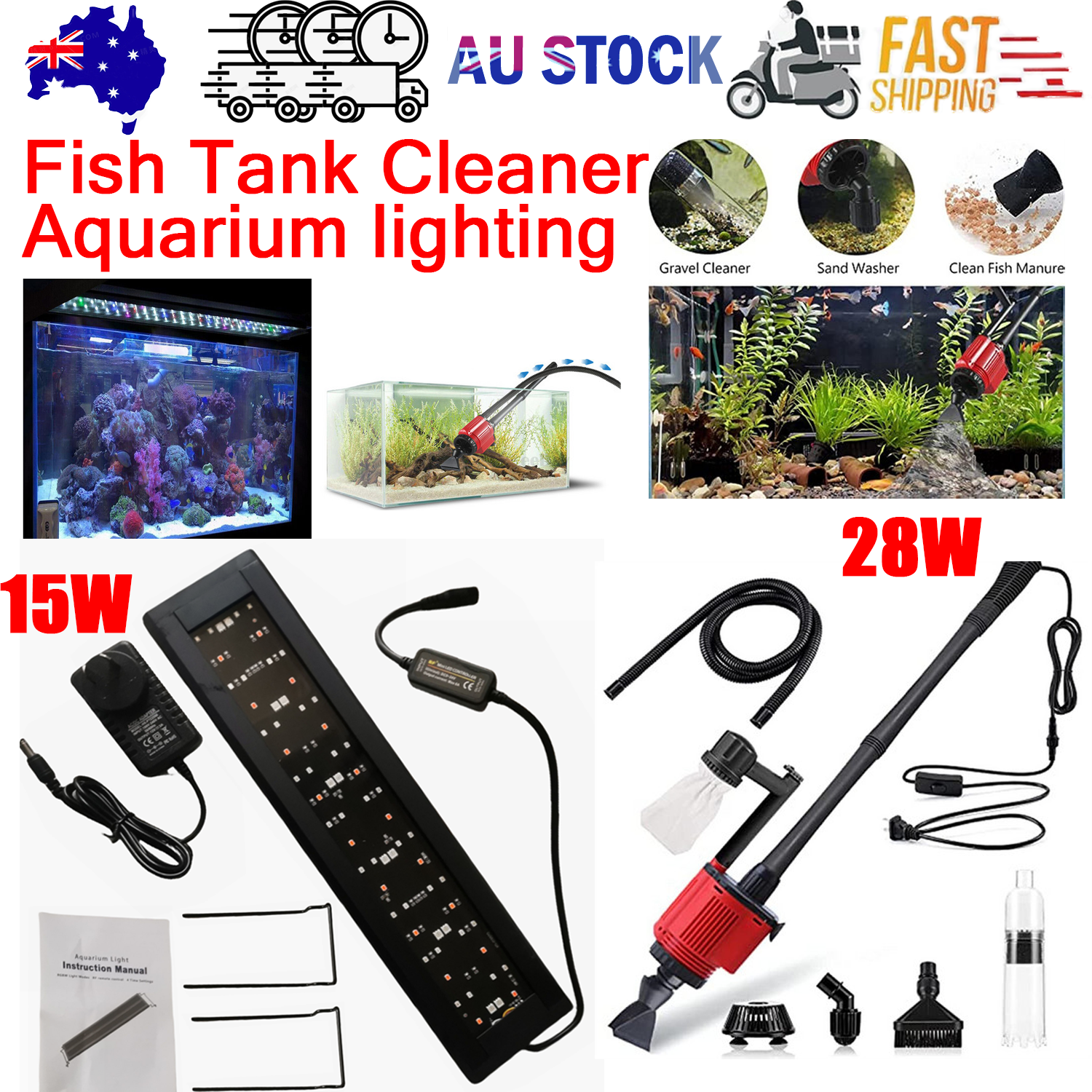 7-in-1 Aquarium Sand Washer Upgrade AU Plug / 15W 66LED RGBW Aluminum Shell Stand Light 40CM/28-Button Control