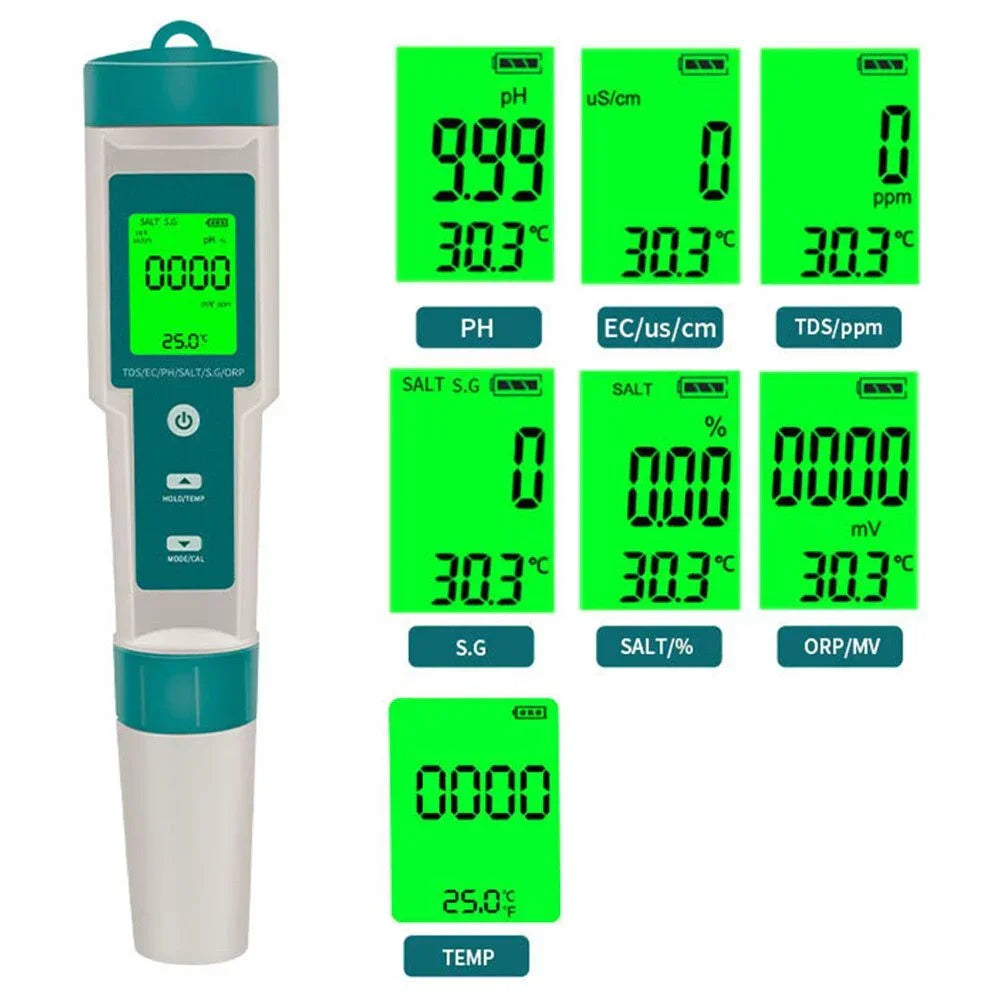 7 In 1 PH Meter TDS/EC/Salt/Temp Water Quality Monitor Tester Pen Pool Aquarium