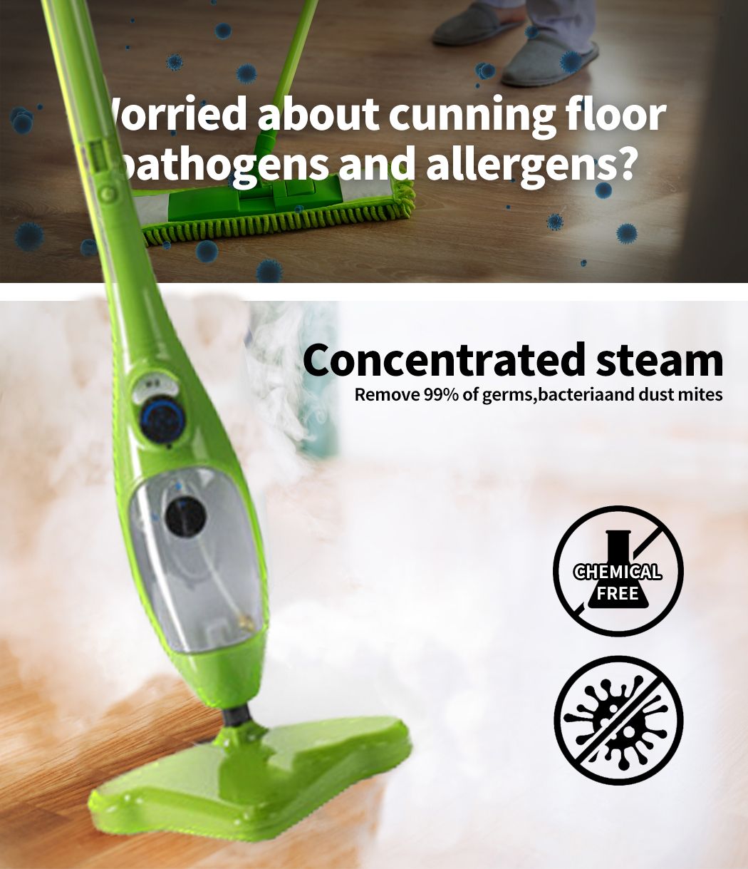 Handheld Steam Mop, 1300W, 90-Degree Tilt Head, 300ml Tank, IPX4, Green