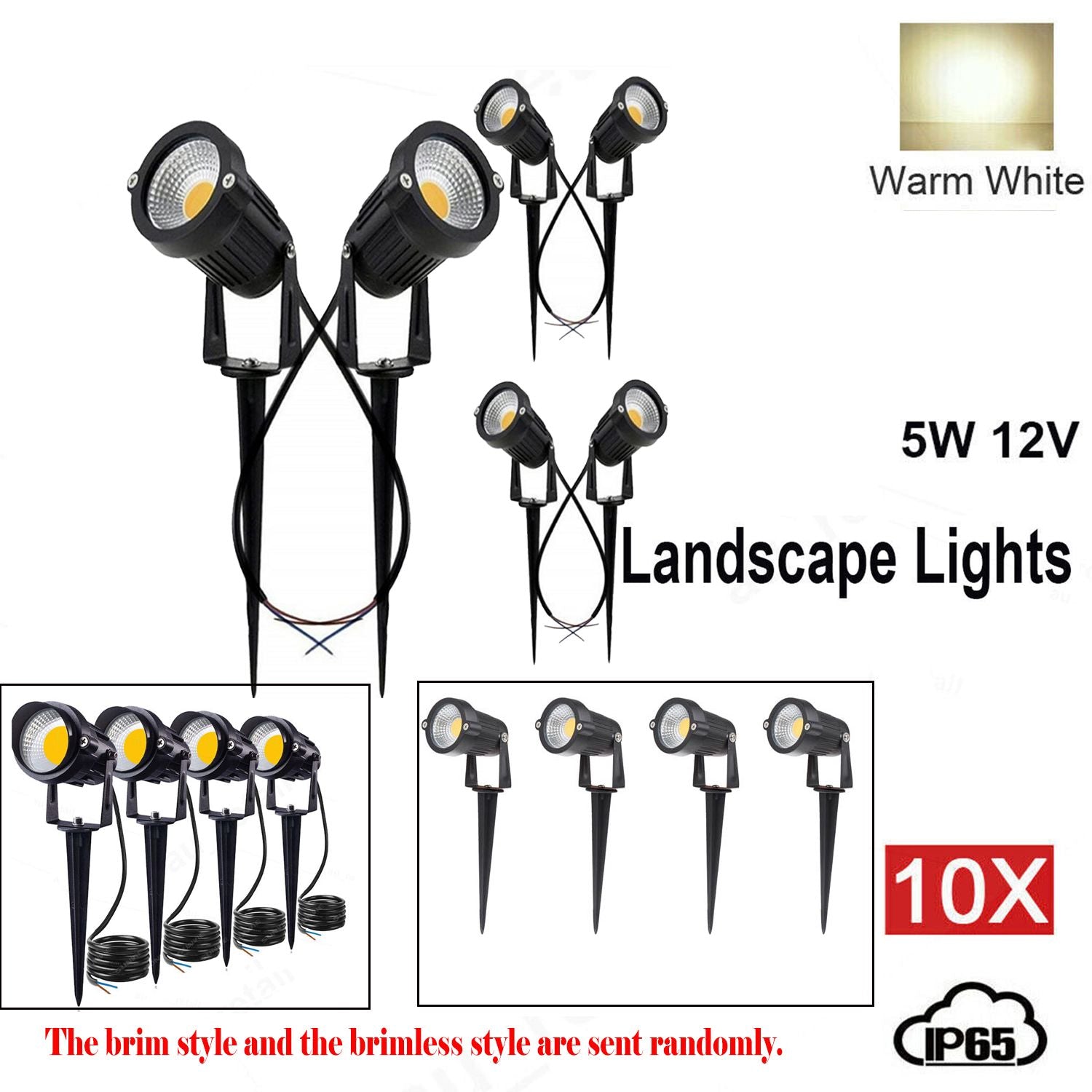 10PCS 12V LED Garden Spotlights, IP65 Waterproof, 550-600 Lumens, Warm White