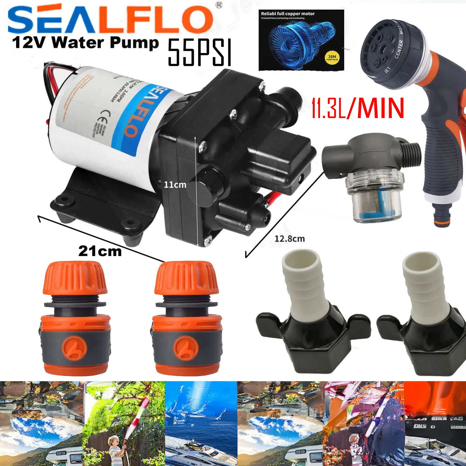 12V SEALFLO Water Pump High Pressure Self-priming rv Camping Boat 55PSI 11.3L/M