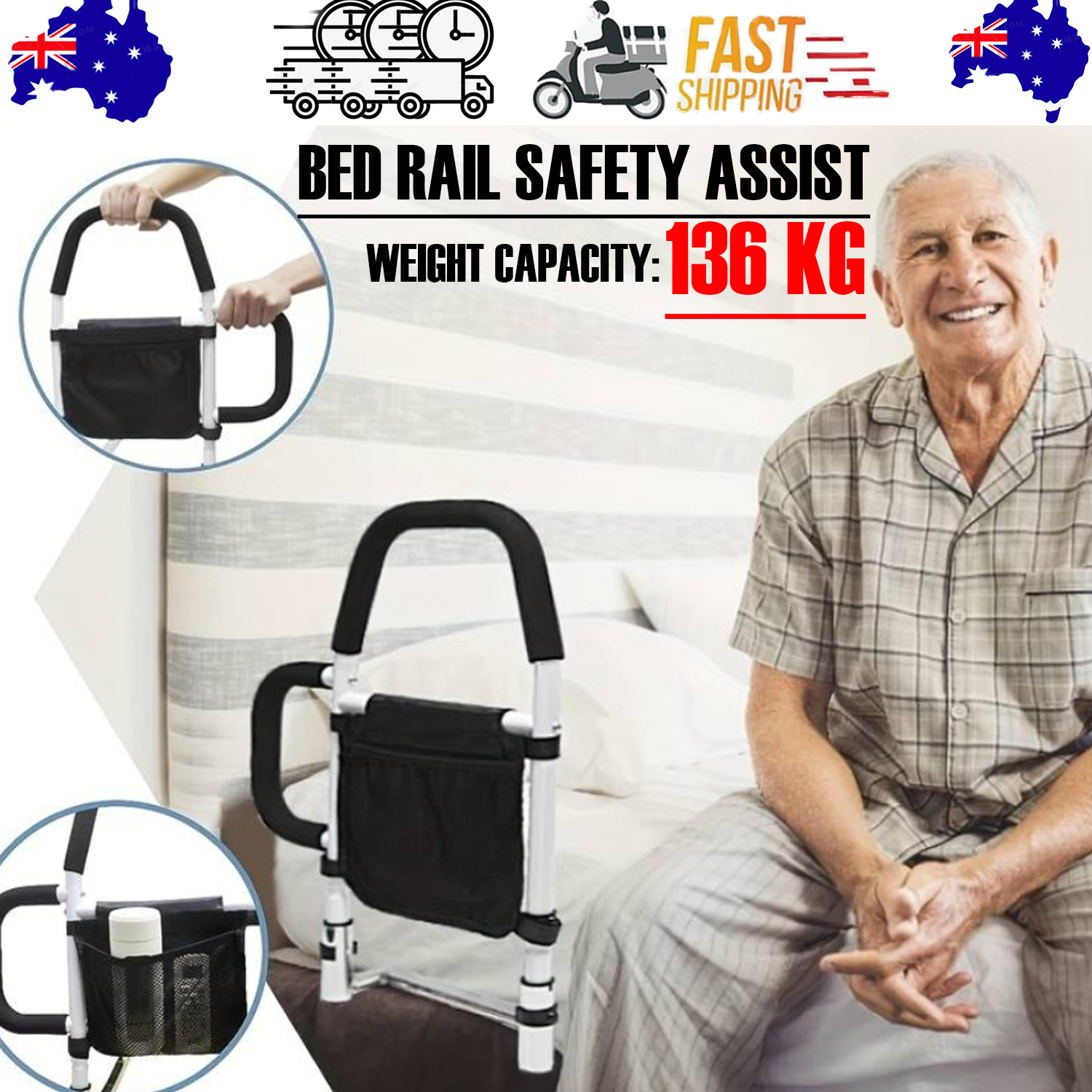 Bed Rail Safety Assist Rail for Elderly Adults with Storage Pocket &Fixing Strap