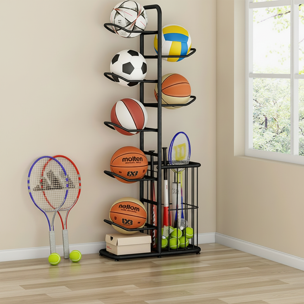 Sports Ball Storage Rack 7/9 Ball Organizer Stand with Mesh Basket Black