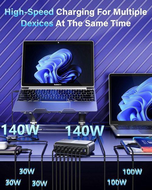 600W GaN³ 8 Ports Fast Charging Station USB&Type-C for iPhone, Laptops, MacBook