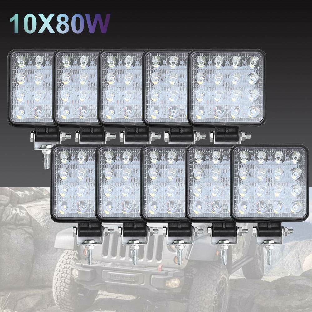 10PCS 80W CREE FLOOD LED Work Lights 12V Boat Camping Square 4inch Bar