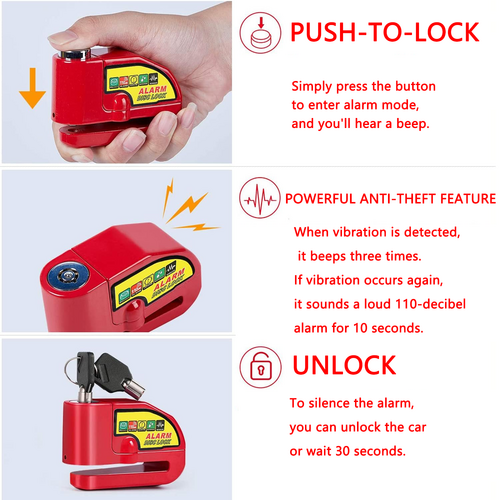 Motorcycle Alarm Disc Lock 110dB Brake Security Lock with Keys Red