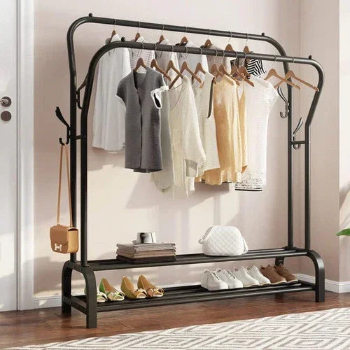 Black Heavy Duty Metal Double Clothes Rail Rack Garment Hanging Shoe Storage Shelf AU