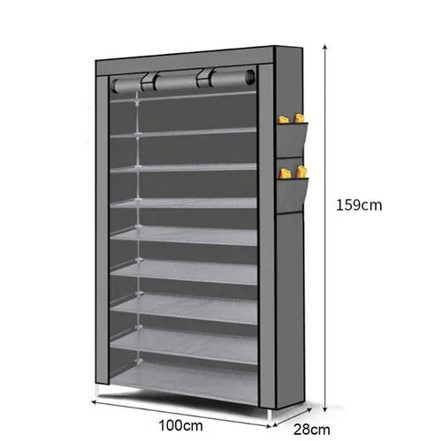 9 Tier Shoe Rack Portable Storage Cabinet Organiser Portable Wardrobe W/ Cover Gray