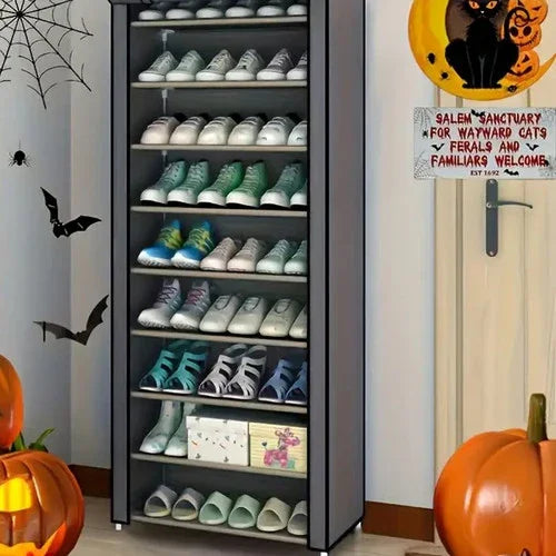 9 Tier Shoe Rack Portable Storage Cabinet Organiser Portable Wardrobe W/ Cover Gray