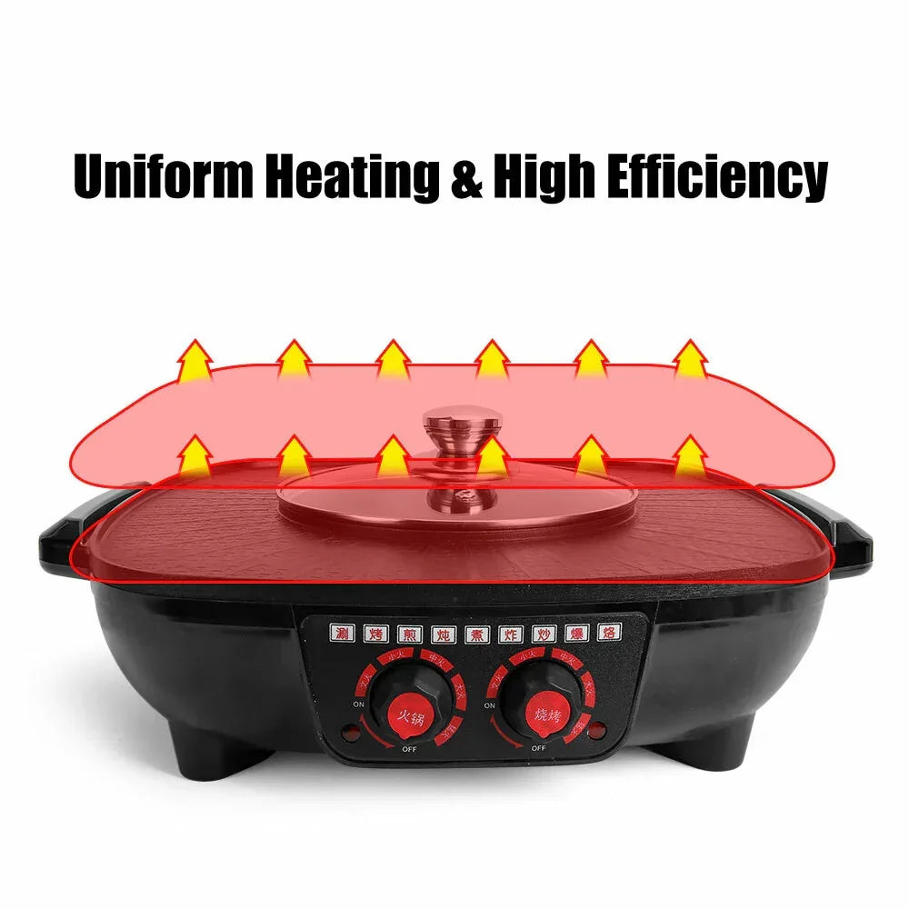 Electric 2 in 1 Hot Pot BBQ Oven Smokeless Barbecue Pan Grill Hotpot Machine