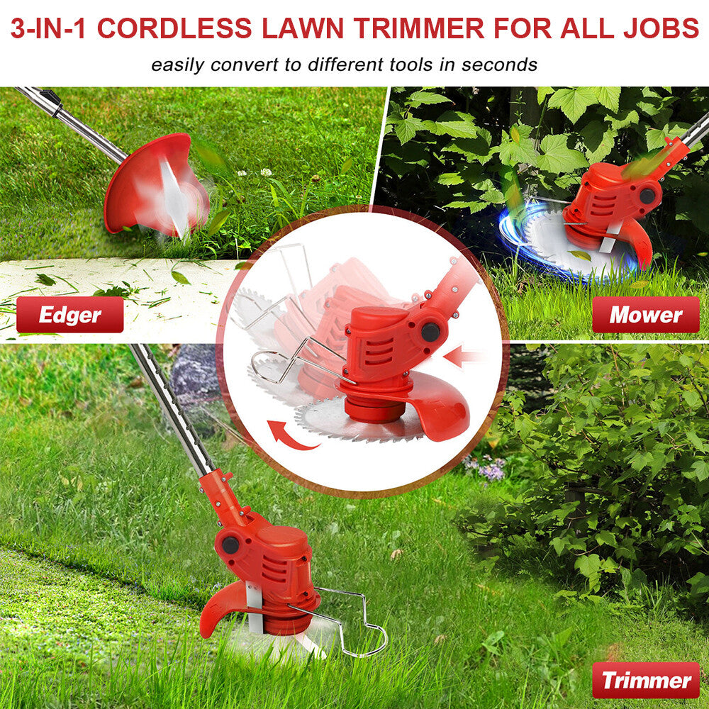 Cordless Whipper Snipper Grass Trimmer 800W 2 Batteries 3 Blade Types Red