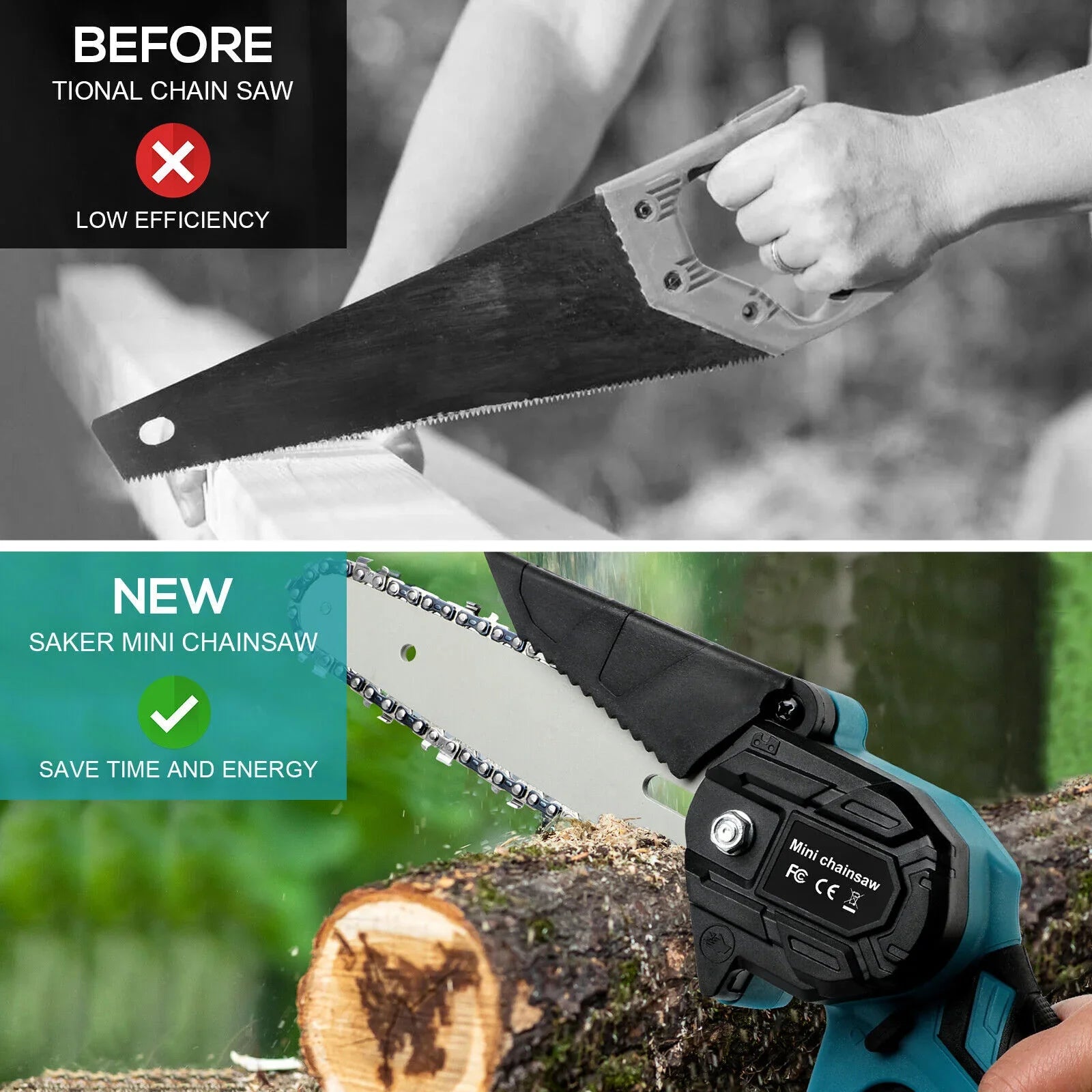 Mini Chainsaw – 18V, 5500mAh Batteries, One‑Hand Use, Copper Motor, Safety Lock