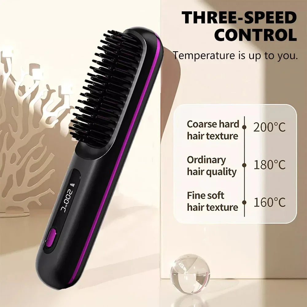 Black Hair Straightener Brush Travel Mini Rechargeable Hair Styler Fast Heating