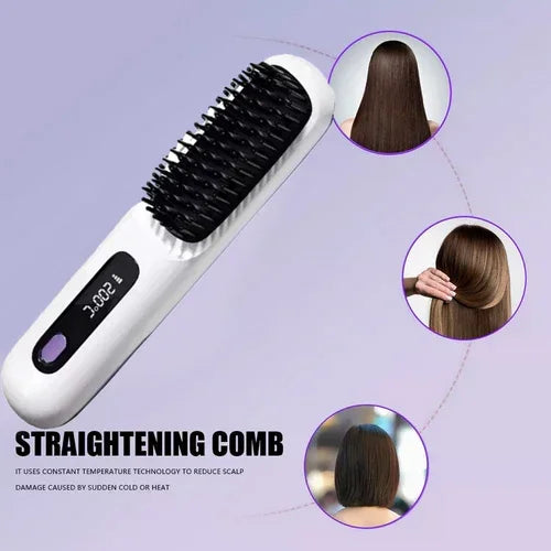 White Hair Straightener Brush Travel Mini Rechargeable Hair Styler Fast Heating