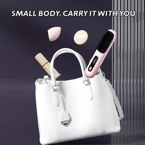 Pink Hair Straightener Brush Travel Mini Rechargeable Hair Styler Fast Heating