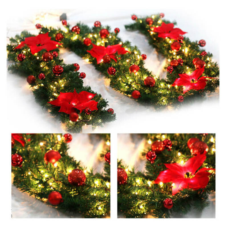 RED 9FT Xmas Christmas Garland Artificial Wreath with LED Lights Stairs Home Rattan