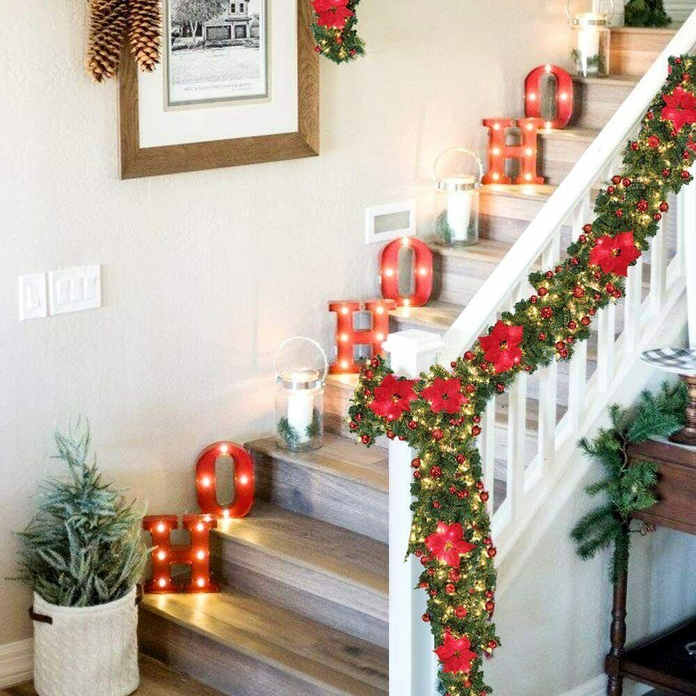 RED 9FT Xmas Christmas Garland Artificial Wreath with LED Lights Stairs Home Rattan