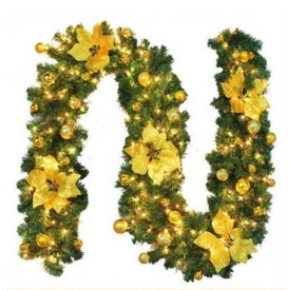 Gloden 9FT Xmas Christmas Garland Artificial Wreath with LED Lights Stairs Home Rattan