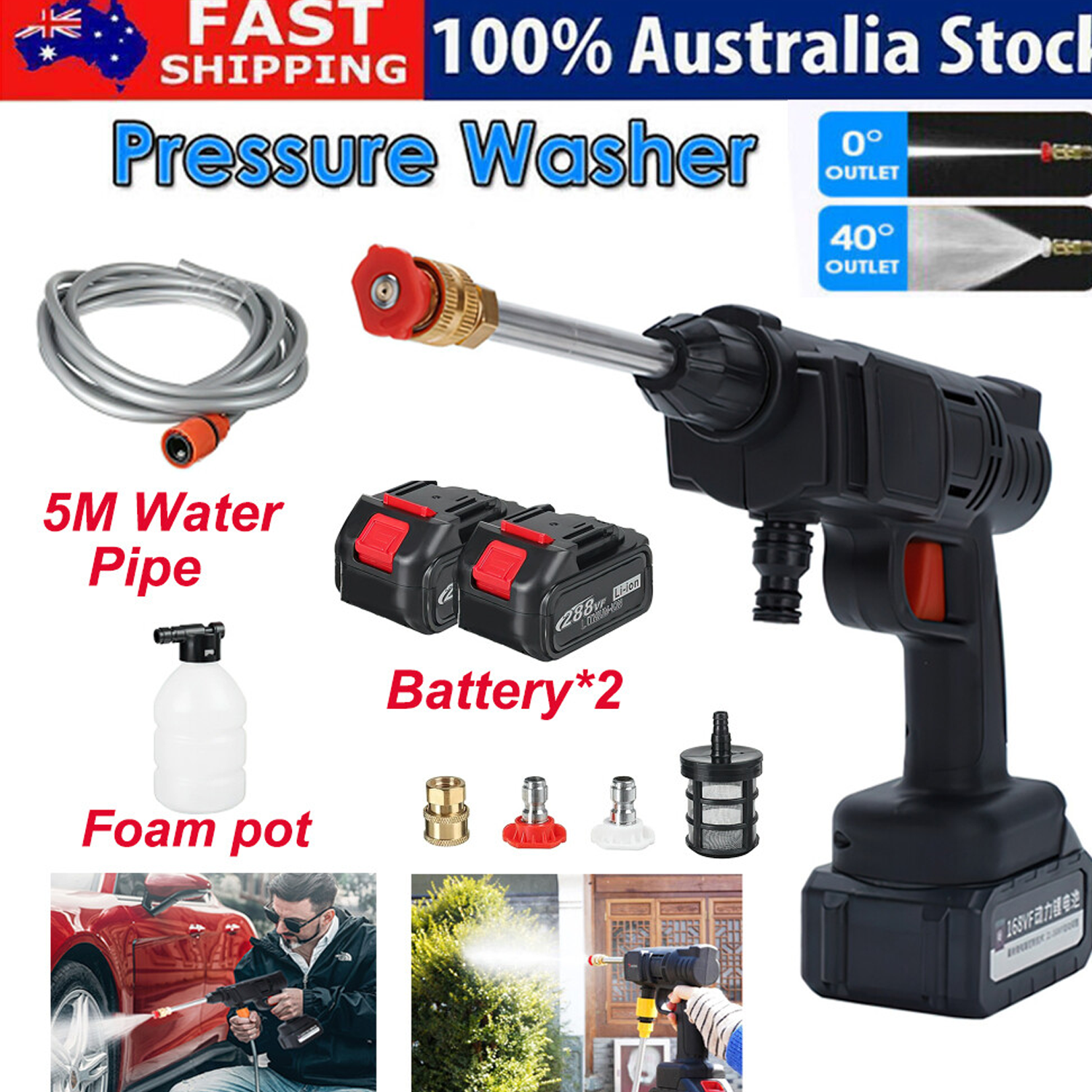 Electric Car Pressure Washer Cordless Spray Gun W/ 2 Battery Water Cleaner Tool