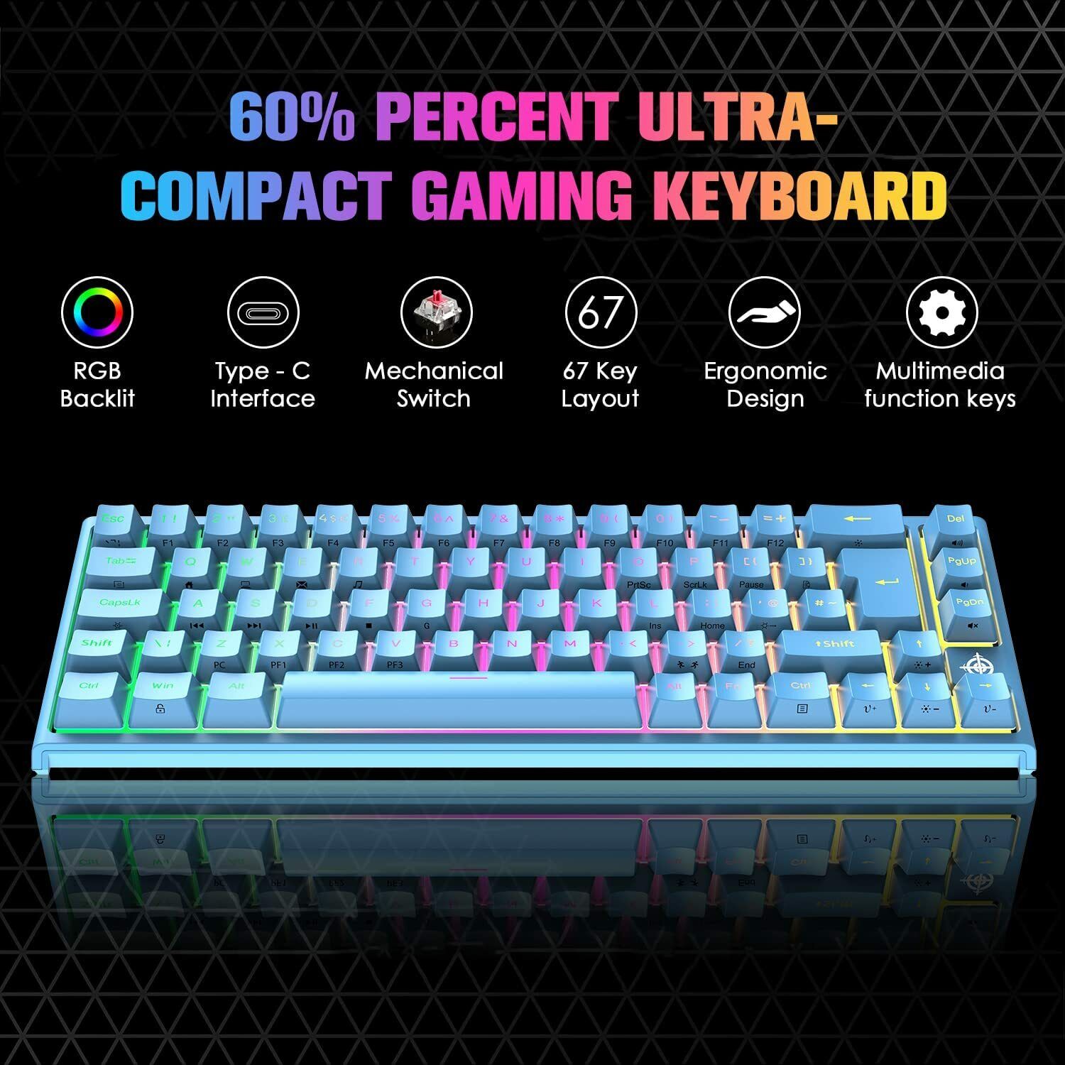 67 Keys Layout Design Mechanical Gaming Keyboard PC PS4 RGB Backlight Wired USB Blue