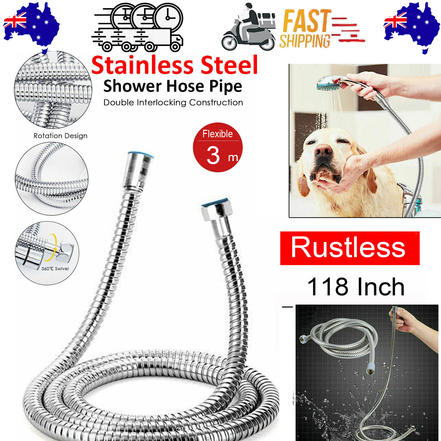 3m Shower Head Hose Stainless Steel Bathroom Flexible Tube Replacement Pipe AU