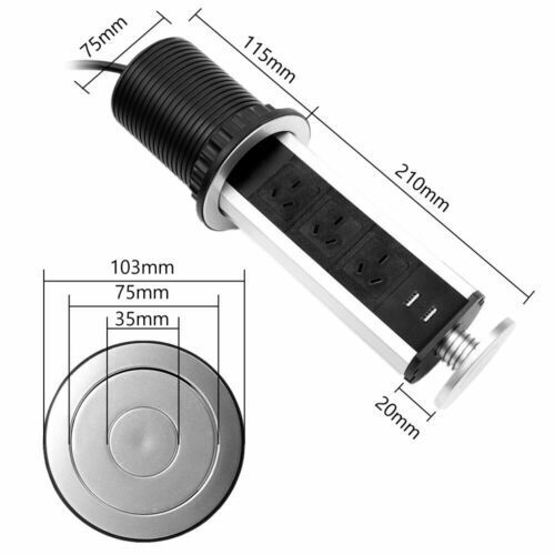 Pop Up Power Point 3 Socket Plug + 2 USB Table Home Kitchen Desk Outlet