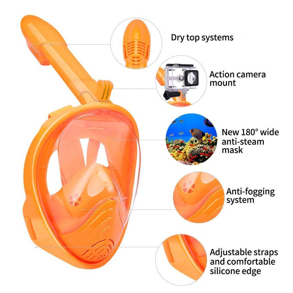 Orange Full Face Snorkel Mask Swimming Breath Dry Diving Goggle Scuba Glass Anti-Fog AU XS