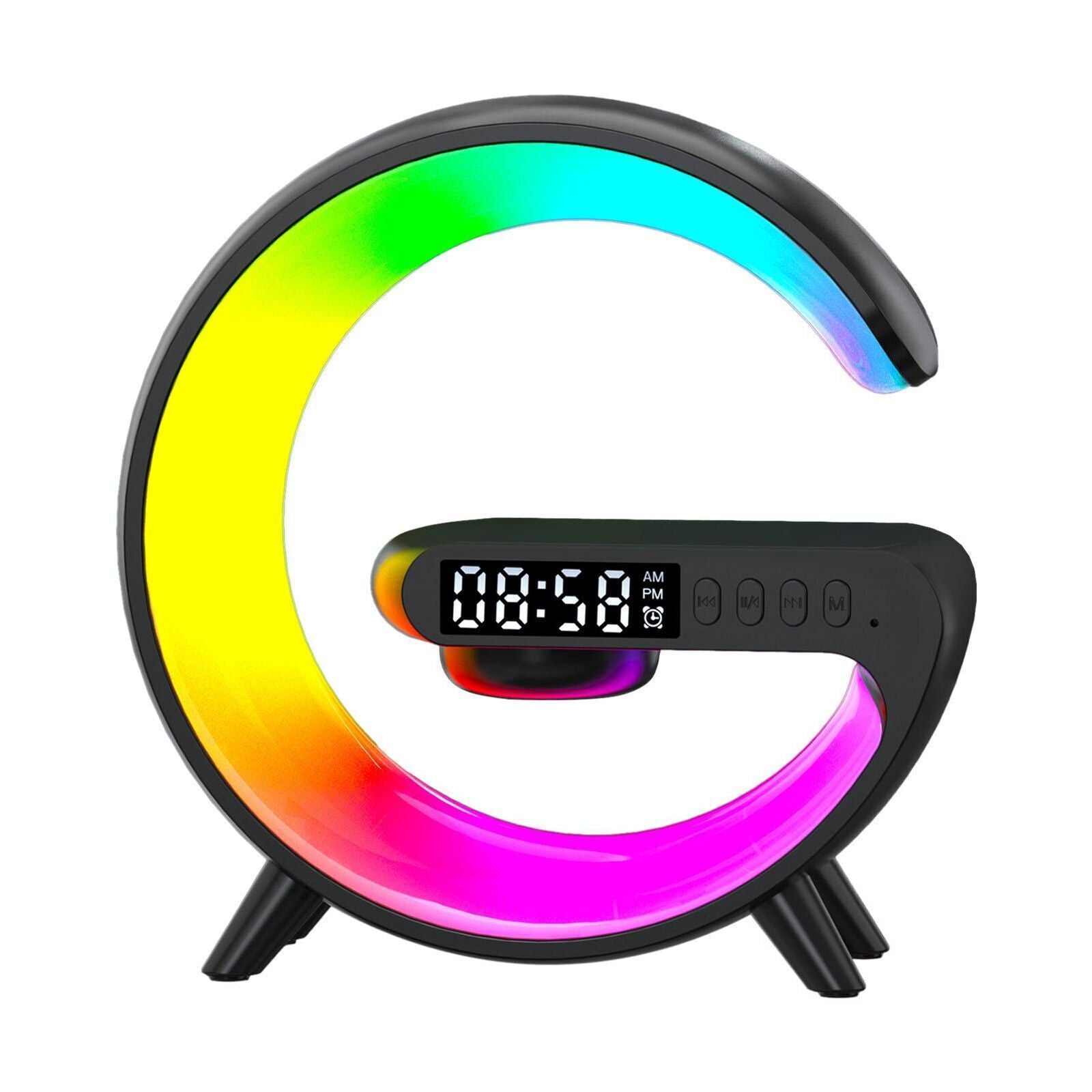 Black Smart G Lamp Night Light Bluetooth Speaker Wireless Charger LED RGB Alarm Clock