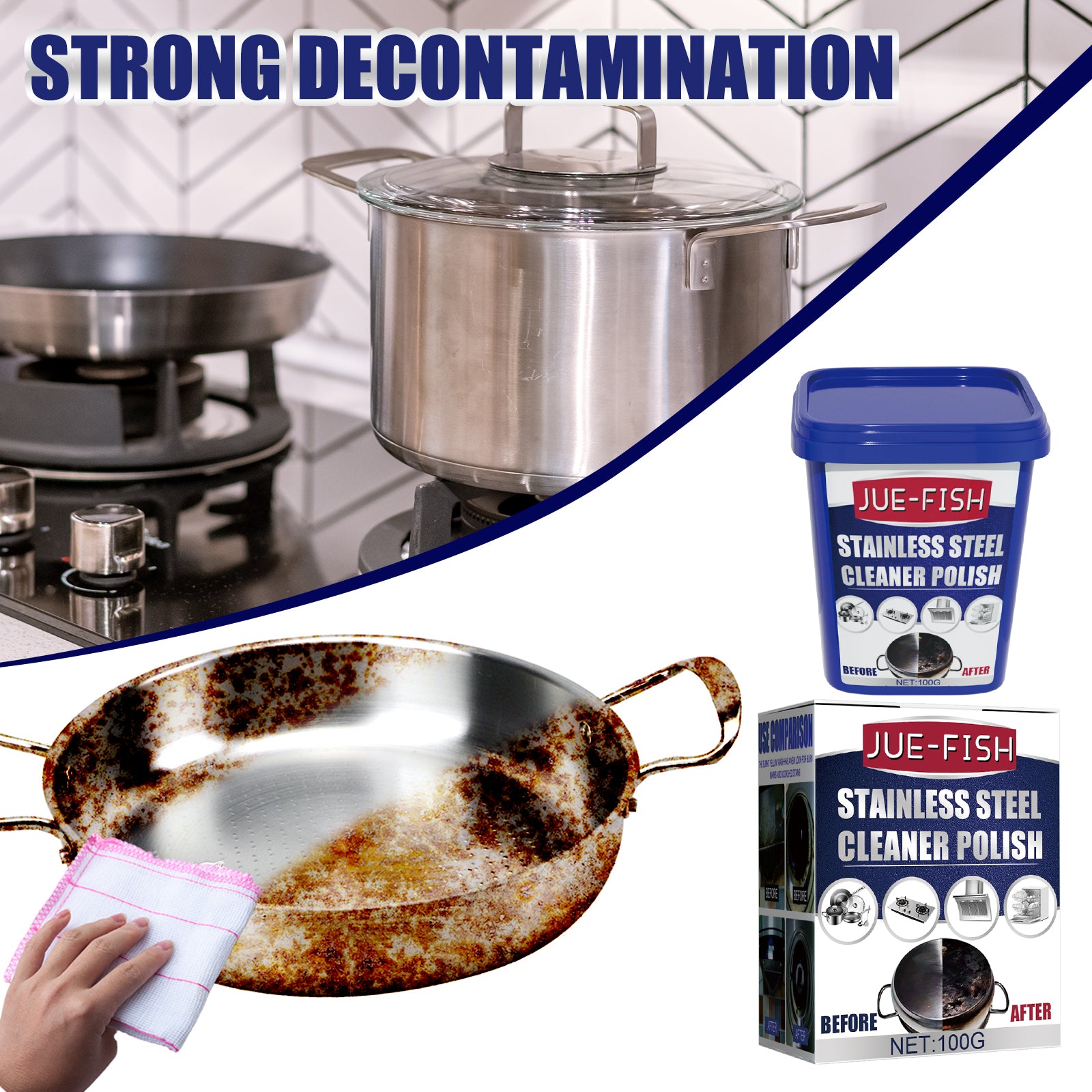 Jue-Fish Stainless Steel Cleaning Cream, Kitchen Decontaminant Pot Rust, Pot Bottom, Stove Top Black Scale Cleaning Cream