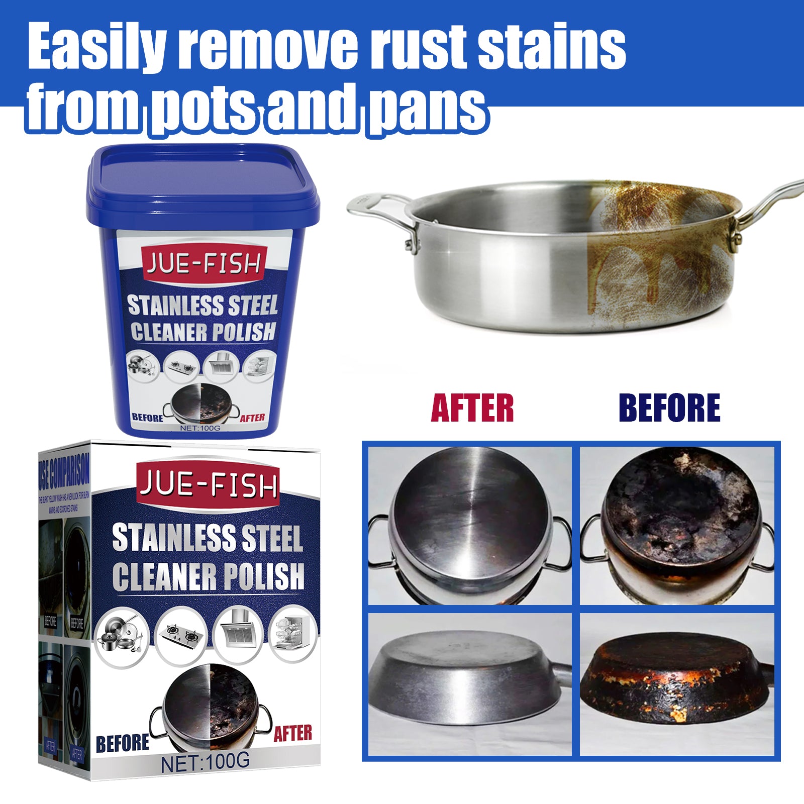 Jue-Fish Stainless Steel Cleaning Cream, Kitchen Decontaminant Pot Rust, Pot Bottom, Stove Top Black Scale Cleaning Cream