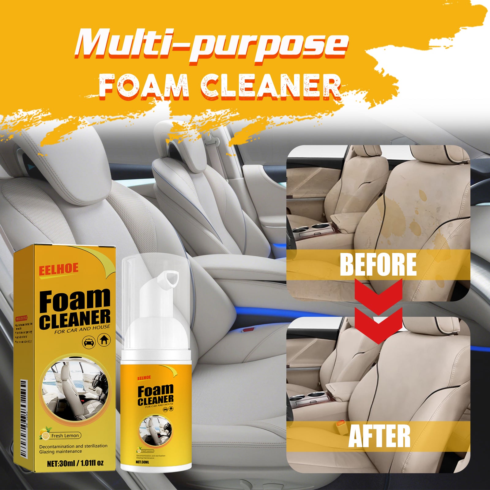 Foam Cleaner, Leather Seat Supplies Decontamination Multi-Functional Interior Cleaner