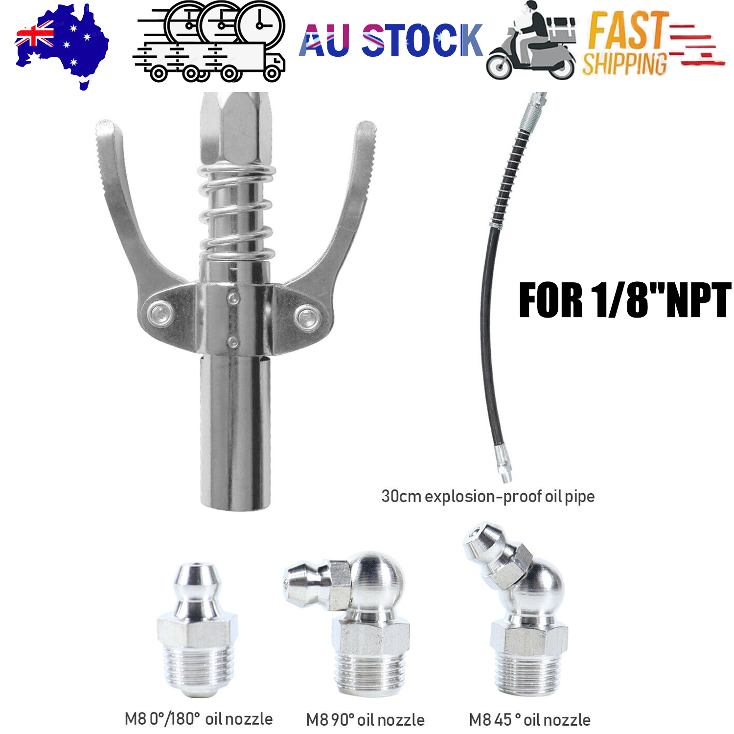 Grease Gun Coupler High Pressure Quick Release Lock Nozzles w/Hose For 1/8"NPT