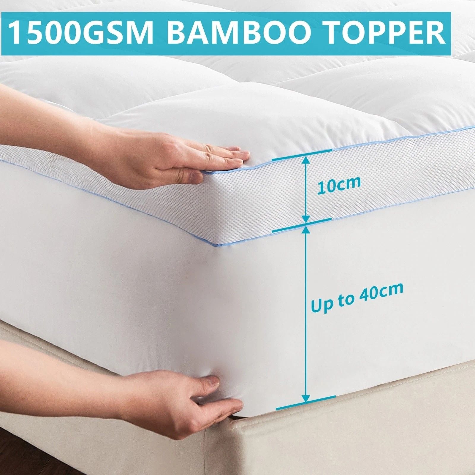 1500GSM Bamboo Mattress Topper Extra Thick 10CM Bed Topper Double: 137 x 191 + 40 cm