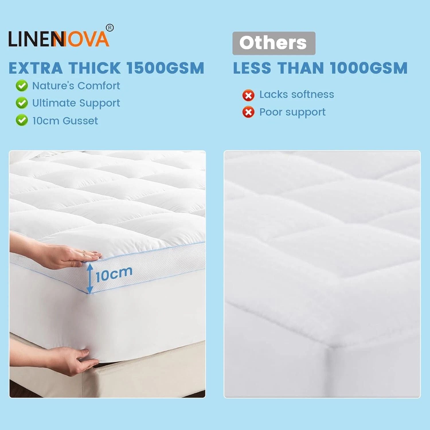 1500GSM Bamboo Mattress Topper Extra Thick 10CM Bed Topper Queen: 152 x 203 + 40 cm