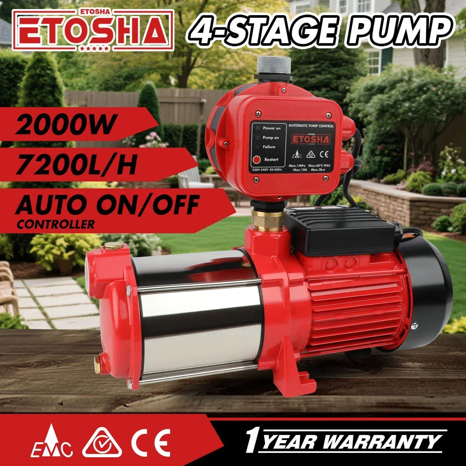 2000W Garden Water Pump High Pressure 4-Stage Tank Irrigation Water Pump