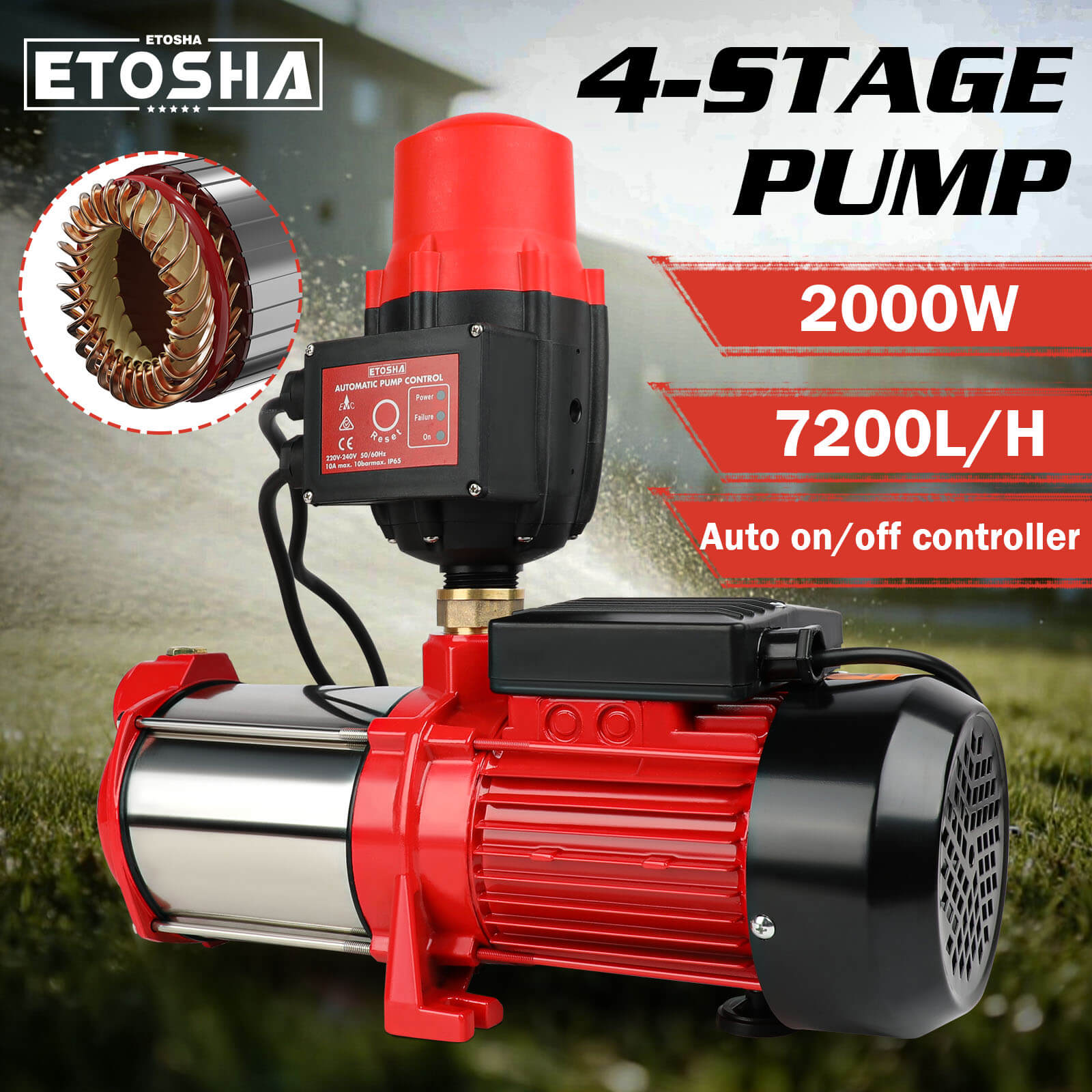 2000W Garden Water Pump High Pressure 4-Stage Tank Farm Irrigation Pump