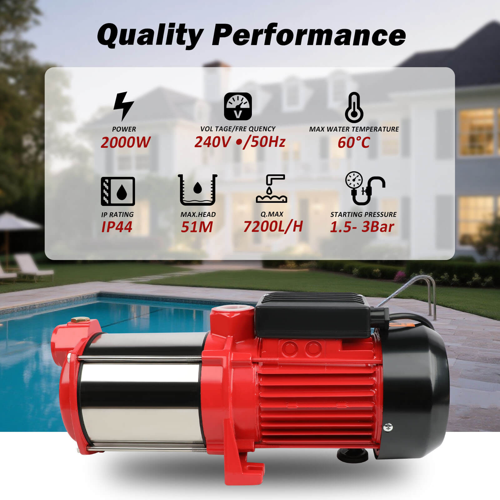 2000W Garden Water Pump High Pressure 4-Stage Tank Farm Irrigation Pump