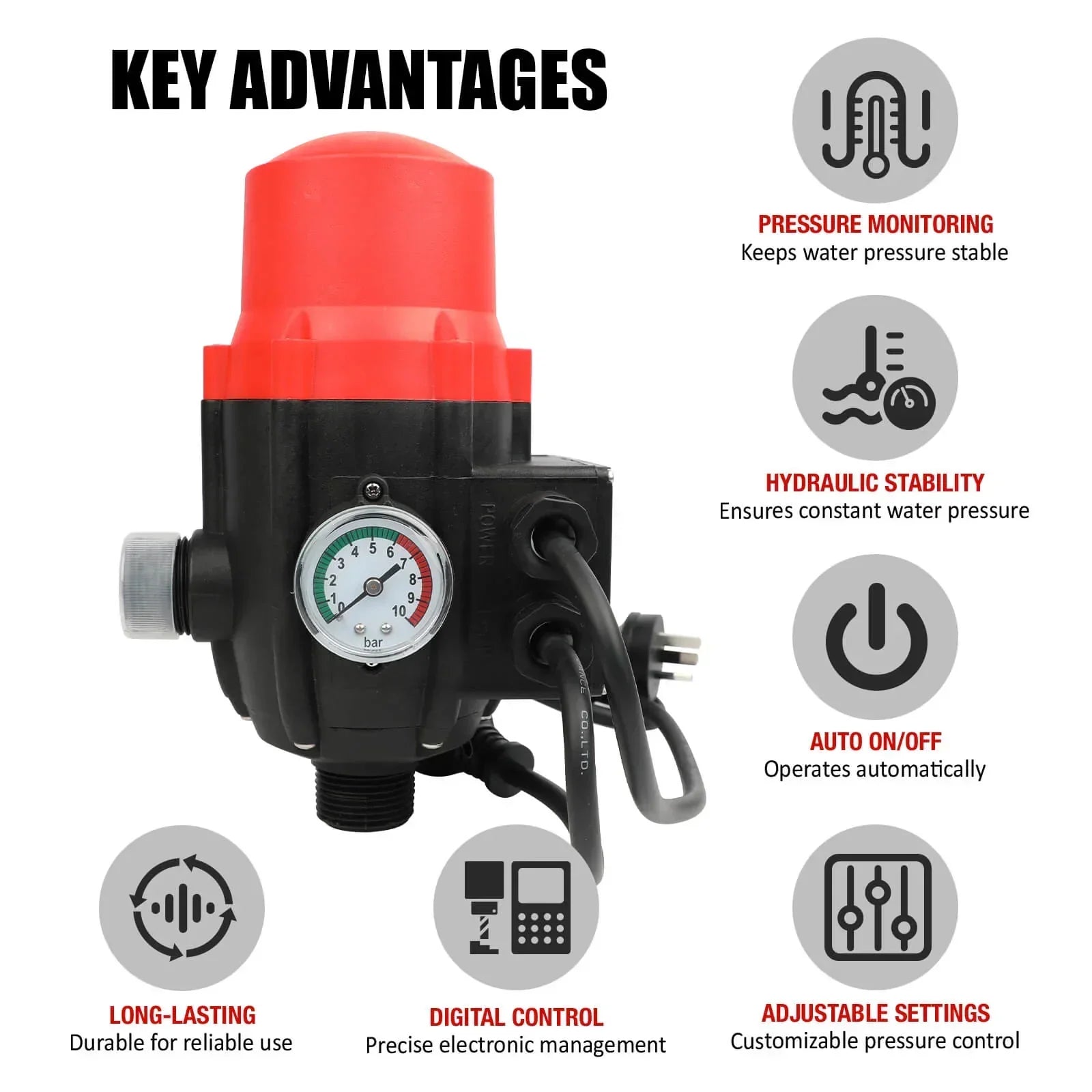 Water Pressure Pump Controller Auto Switch Control Electric BLACK