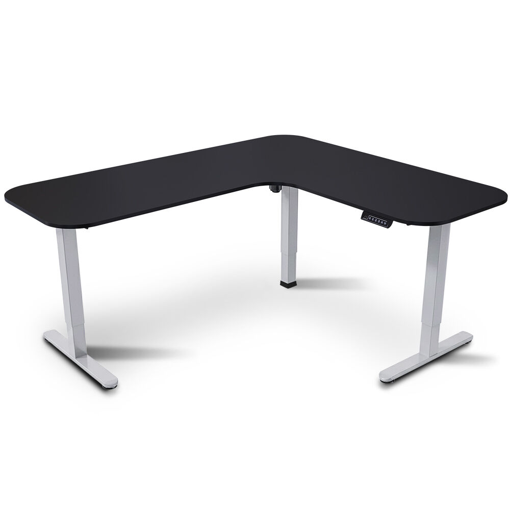 Corner Standing Desk, 160x140cm, 72-118cm Sit to Stand Up Electric Height Adjustable, Black Desktop/Silver Frame