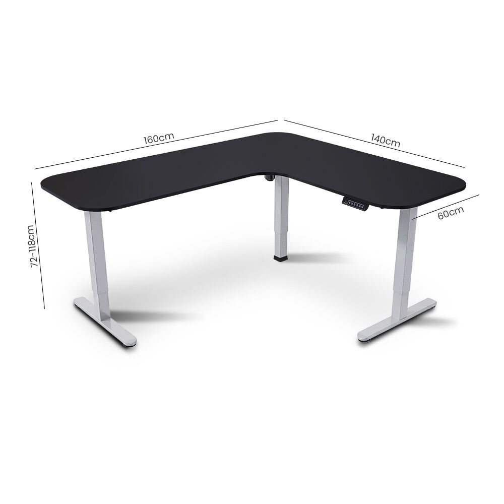 Corner Standing Desk, 160x140cm, 72-118cm Sit to Stand Up Electric Height Adjustable, Black Desktop/Silver Frame