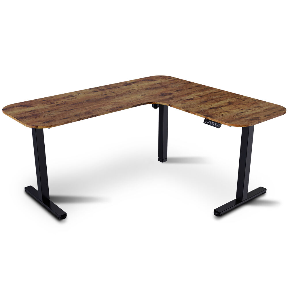Corner Standing Desk, 160x140cm, 72-118cm Sit to Stand Up Electric Height Adjustable, Walnut Style Desktop/Black Frame