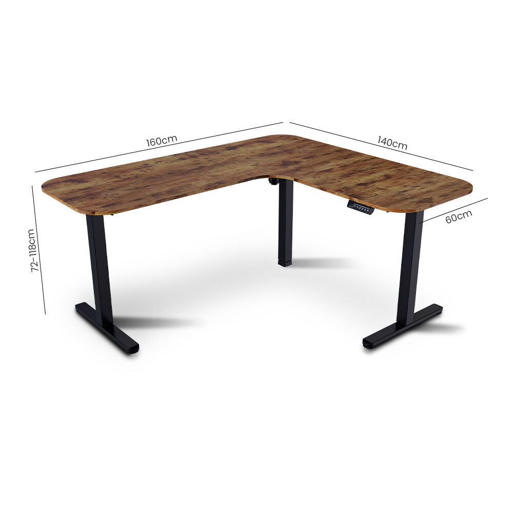 Corner Standing Desk, 160x140cm, 72-118cm Sit to Stand Up Electric Height Adjustable, Walnut Style Desktop/Black Frame